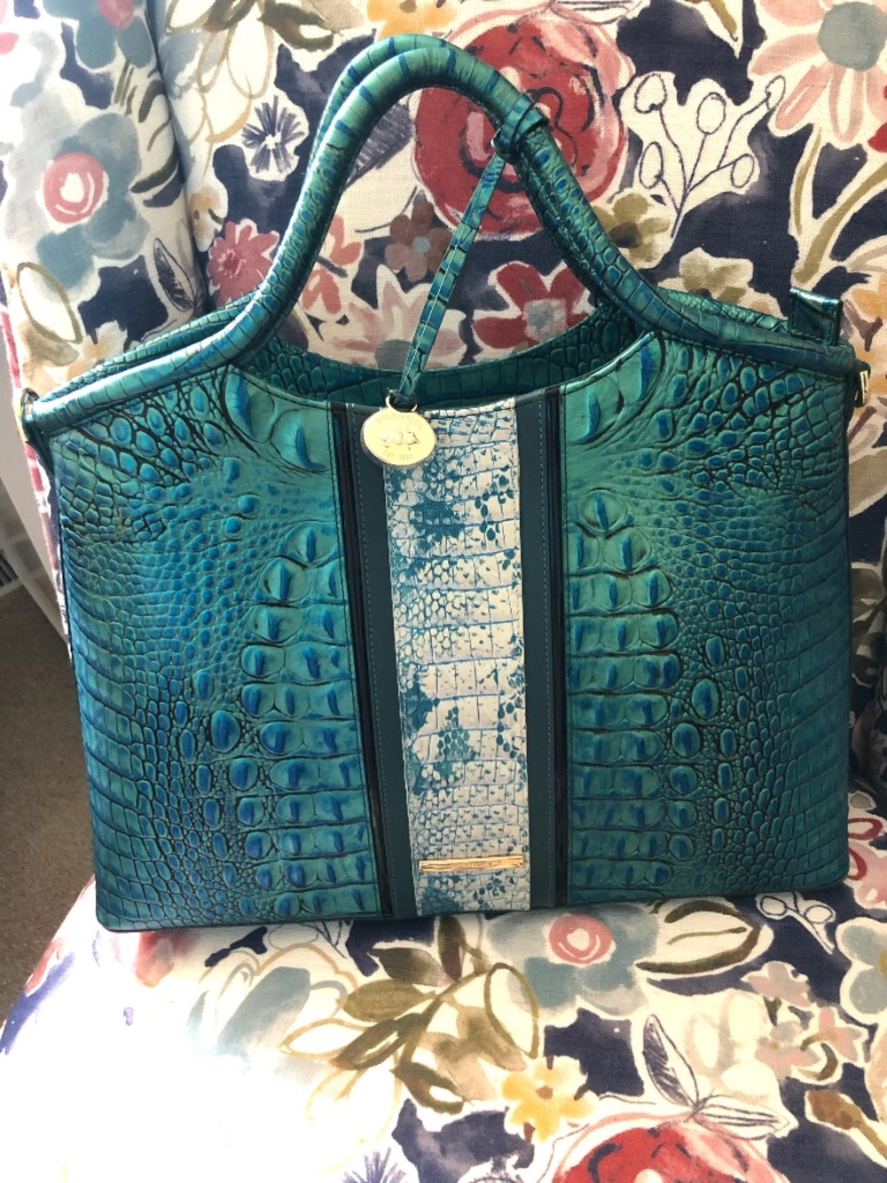 NWT Authentic Brahmin Elaine Croco-embossed Leather Handbag in Peacock Shimmer